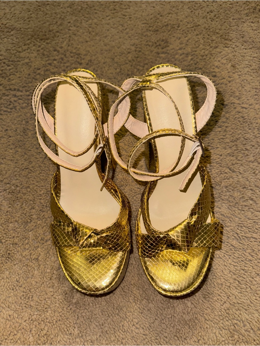 Gold Strappy Women's Sandals - Elegant Ankle Tie Heels